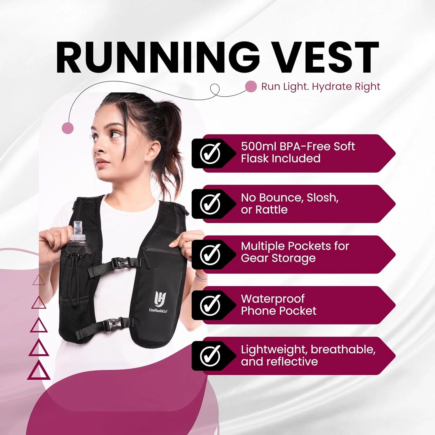 Running Vest Phone Holder with 500Ml Water Bottle, Waterproof Phone Pocket Reflective Vest, Breathable Hydration Running Vest for Unisex